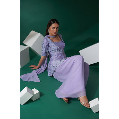 Suruchi Parakh Lavender Mirror Work Kurti and Bustier with Palazzo and Dupatta (Set of 4)