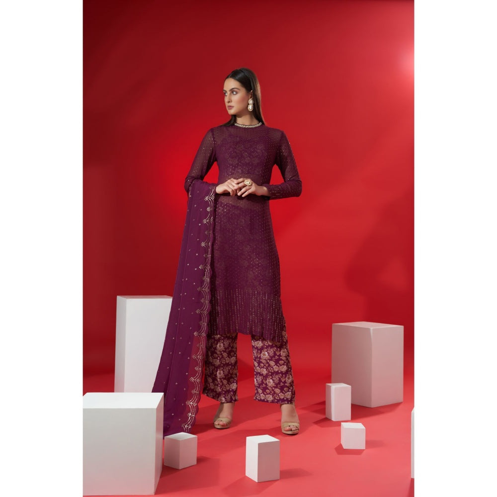 Suruchi Parakh Womens Wine Floral Print Kurta with Bustier and Pant Dupatta (Set of 4)