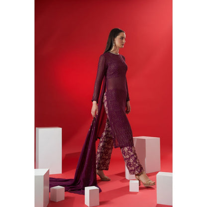 Suruchi Parakh Womens Wine Floral Print Kurta with Bustier and Pant Dupatta (Set of 4)