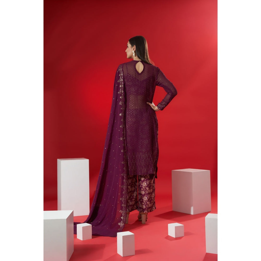 Suruchi Parakh Womens Wine Floral Print Kurta with Bustier and Pant Dupatta (Set of 4)
