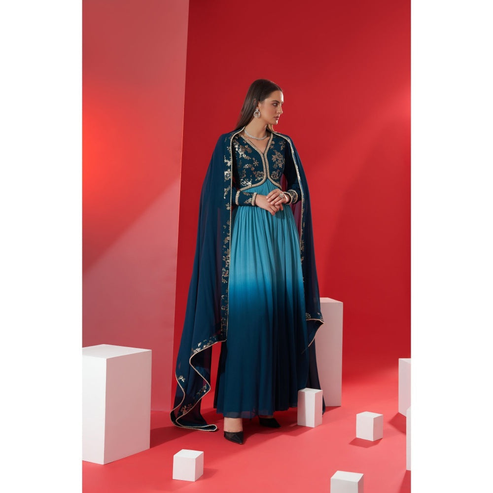 Suruchi Parakh Womens Teal Embellished Anarkali Kurta and Dupatta (Set of 2)