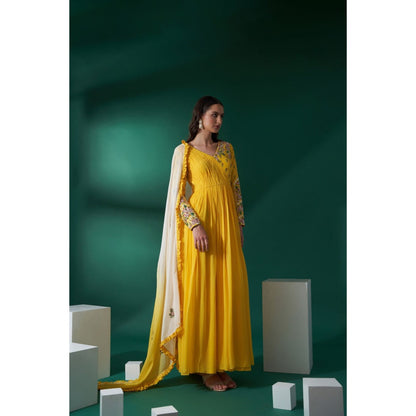 Suruchi Parakh Womens Yellow Embellished Anarkali Kurta and Dupatta (Set of 2)