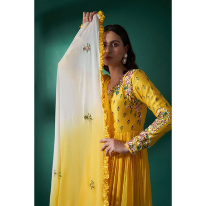 Suruchi Parakh Womens Yellow Embellished Anarkali Kurta and Dupatta (Set of 2)