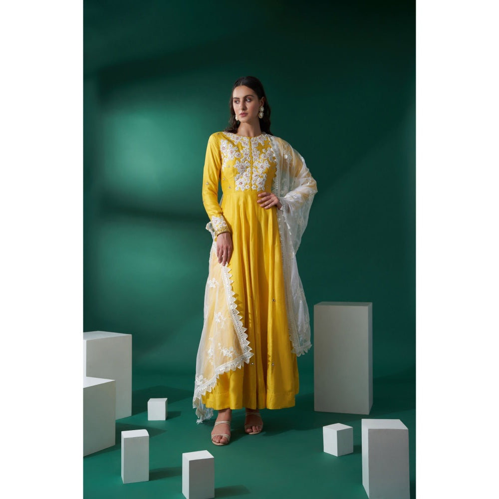 Suruchi Parakh Womens Yellow Embroidered Anarkali Kurta and Dupatta (Set of 2)
