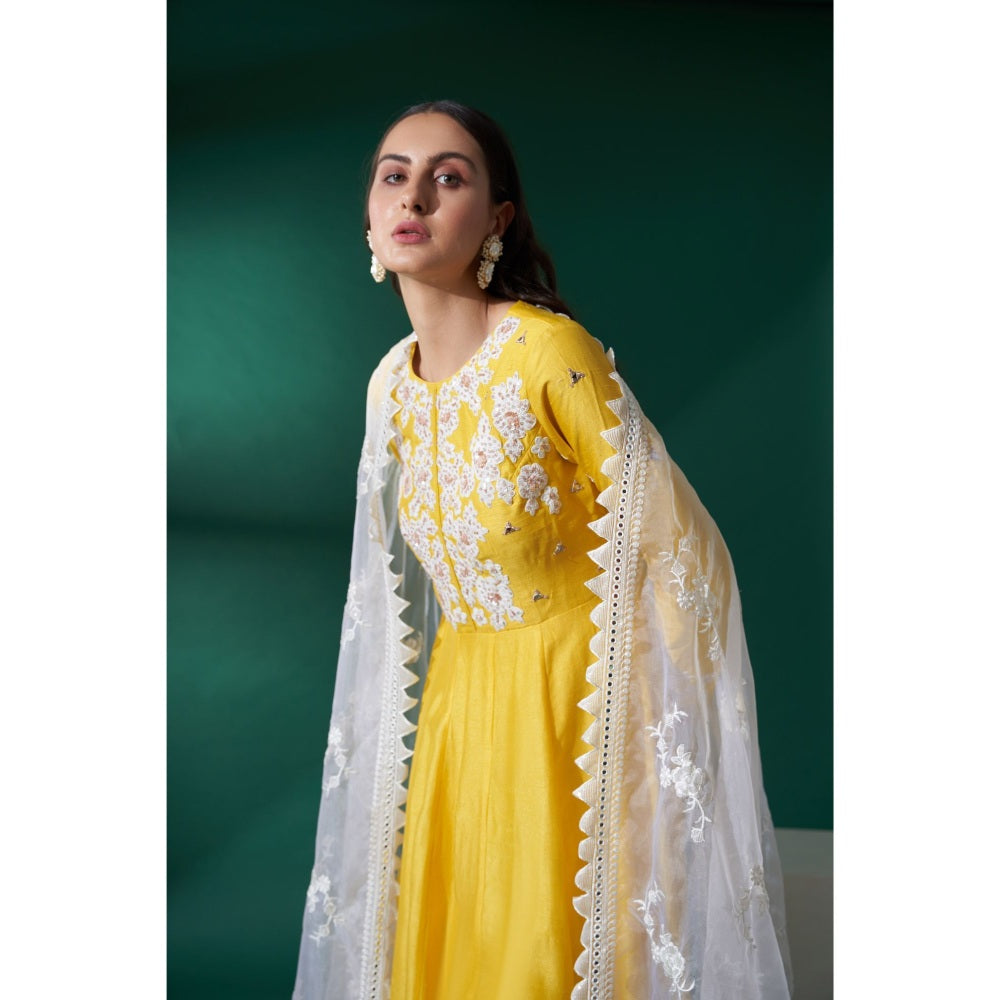 Suruchi Parakh Womens Yellow Embroidered Anarkali Kurta and Dupatta (Set of 2)