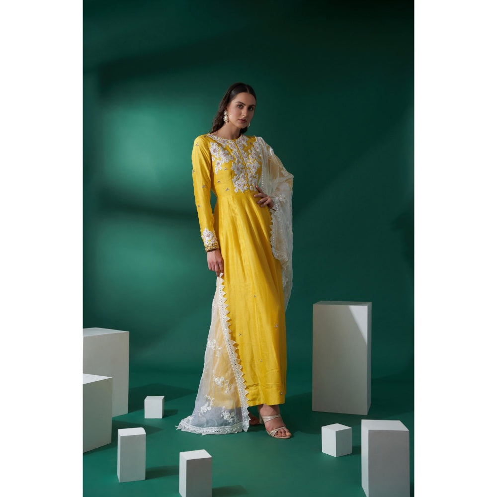 Suruchi Parakh Womens Yellow Embroidered Anarkali Kurta and Dupatta (Set of 2)