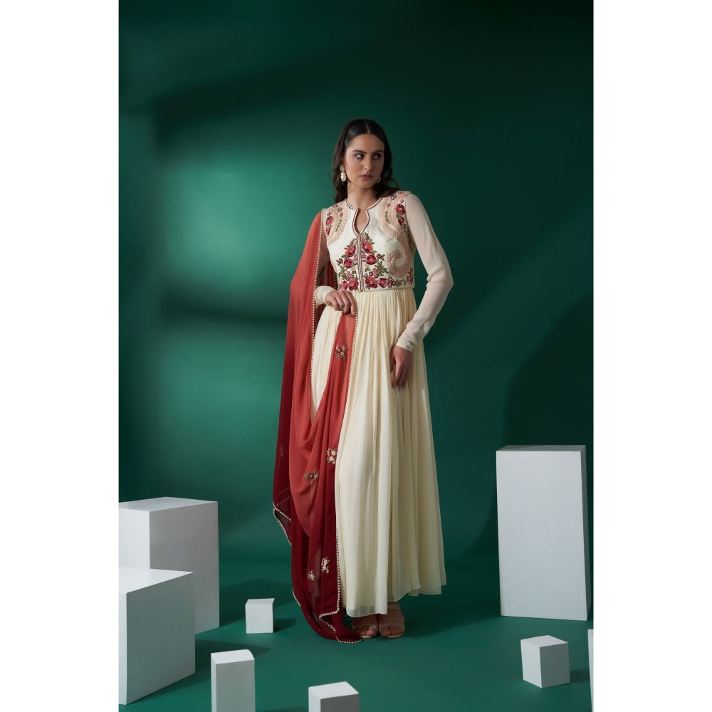 Suruchi Parakh Womens Maroon Embroidered Jacket with Anarkali Kurta and Dupatta (Set of 3)