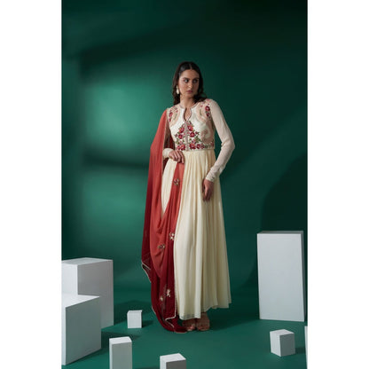 Suruchi Parakh Womens Maroon Embroidered Jacket with Anarkali Kurta and Dupatta (Set of 3)