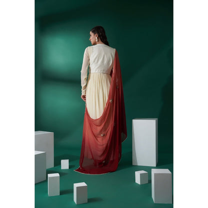 Suruchi Parakh Womens Maroon Embroidered Jacket with Anarkali Kurta and Dupatta (Set of 3)