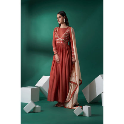 Suruchi Parakh Womens Rust Mirror Work Anarkali Kurta and Dupatta (Set of 2)