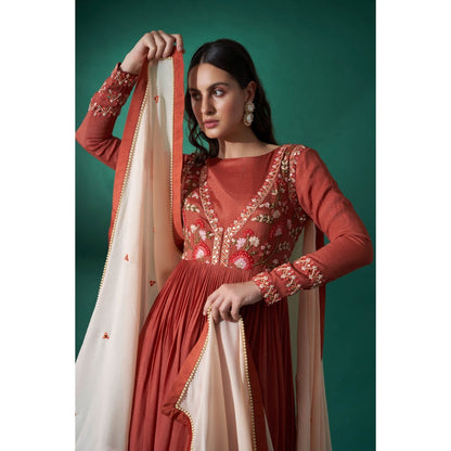 Suruchi Parakh Womens Rust Mirror Work Anarkali Kurta and Dupatta (Set of 2)
