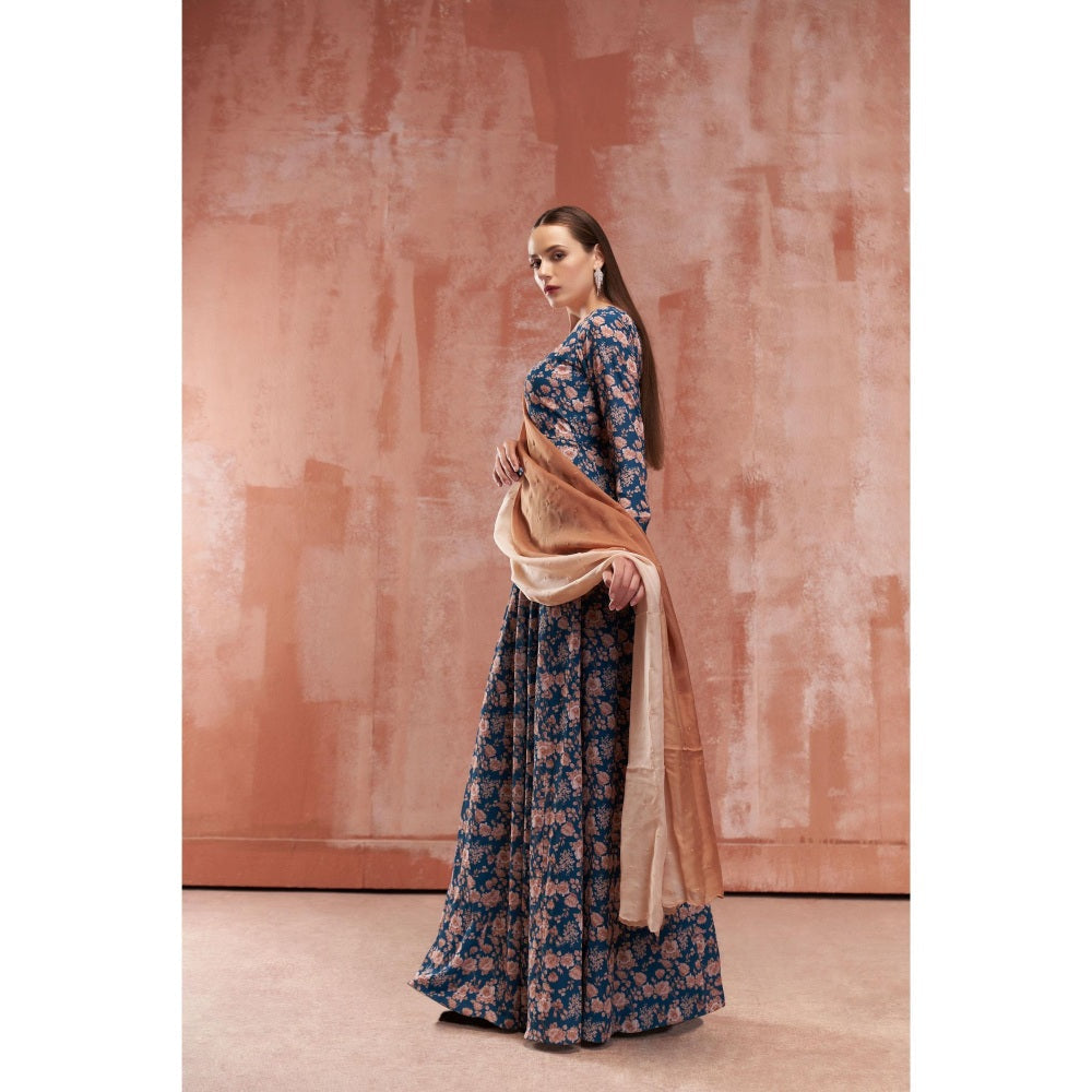 Suruchi Parakh Womens Blue Floral Print Anarkali Kurta and Dupatta (Set of 2)