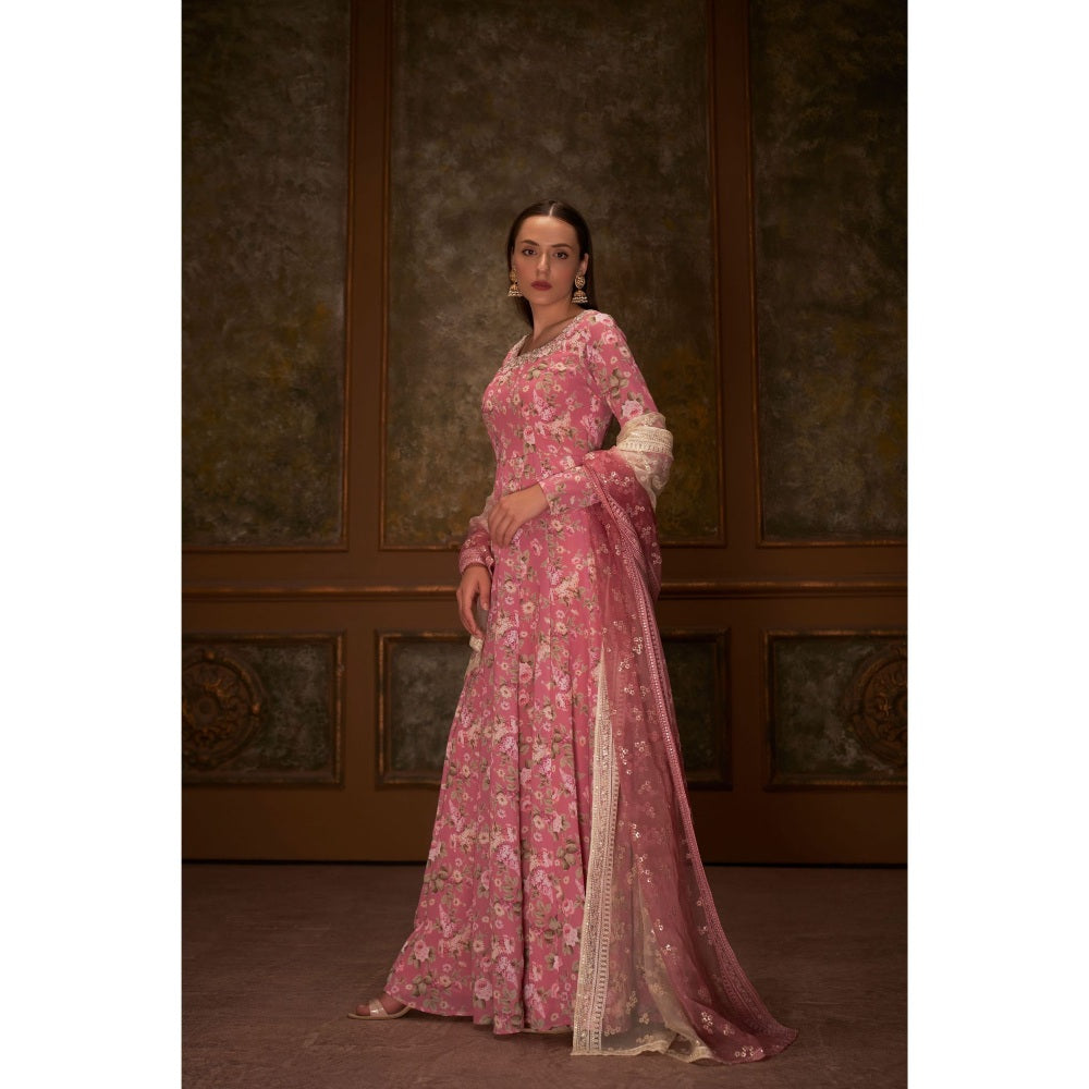 Suruchi Parakh Womens Pink Floral Print Anarkali Kurta and Dupatta (Set of 2)