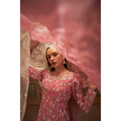 Suruchi Parakh Womens Pink Floral Print Anarkali Kurta and Dupatta (Set of 2)