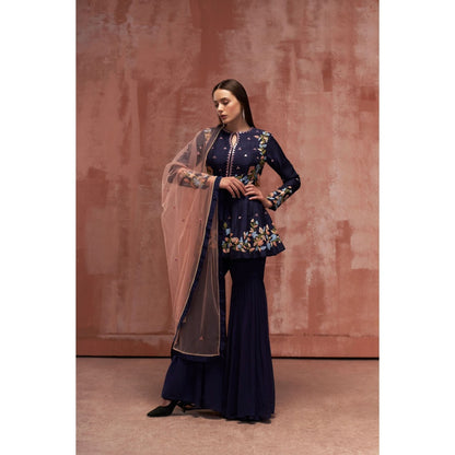 Suruchi Parakh Womens Navy Blue Mirror Work Sharara with Kurti and Dupatta (Set of 3)