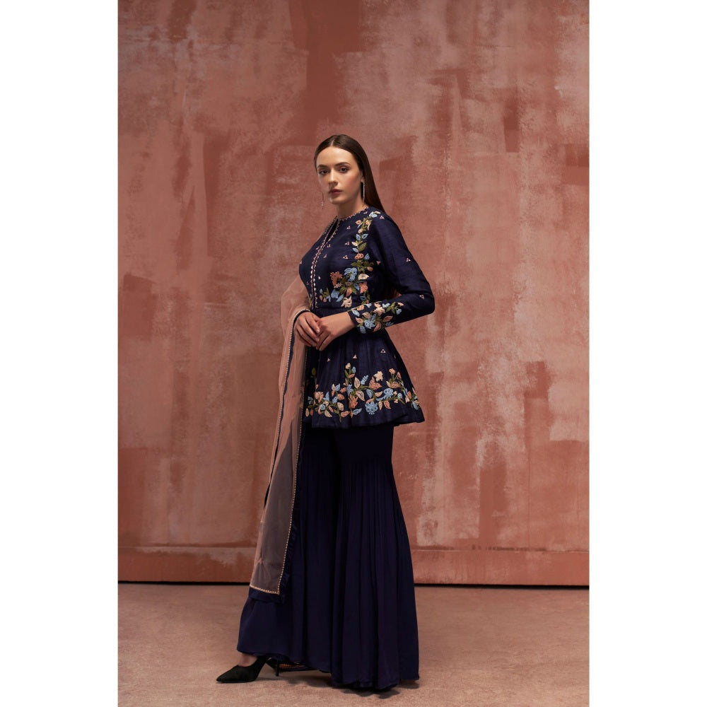 Suruchi Parakh Womens Navy Blue Mirror Work Sharara with Kurti and Dupatta (Set of 3)