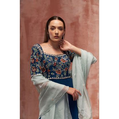 Suruchi Parakh Womens Teal Embroidered Anarkali Kurta and Dupatta (Set of 2)