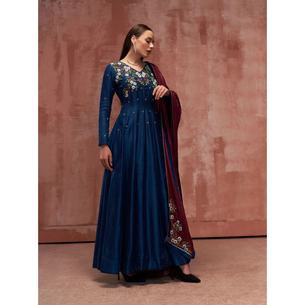 Suruchi Parakh Womens Blue Embellished Anarkali Kurta and Dupatta (Set of 2)