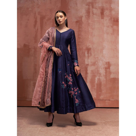 Suruchi Parakh Womens Navy Blue Embellished Anarkali Kurta and Dupatta (Set of 2)