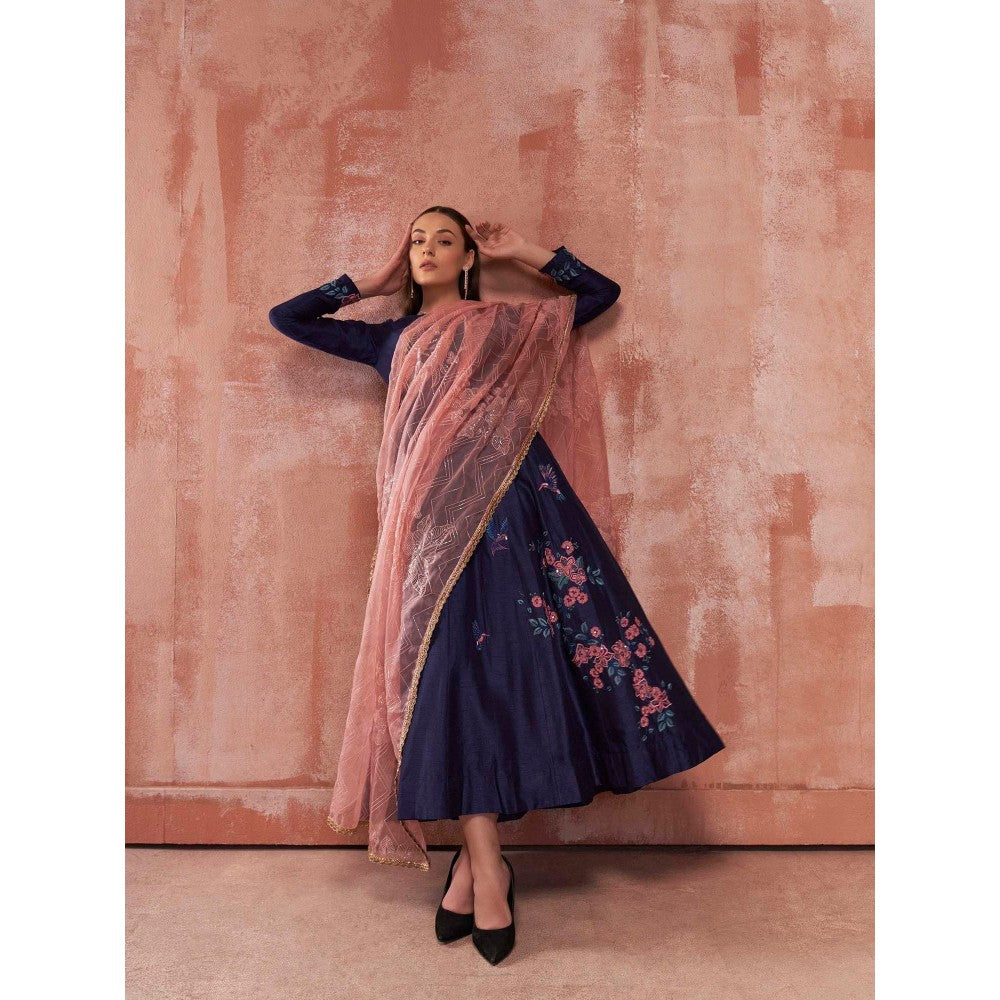 Suruchi Parakh Womens Navy Blue Embellished Anarkali Kurta and Dupatta (Set of 2)