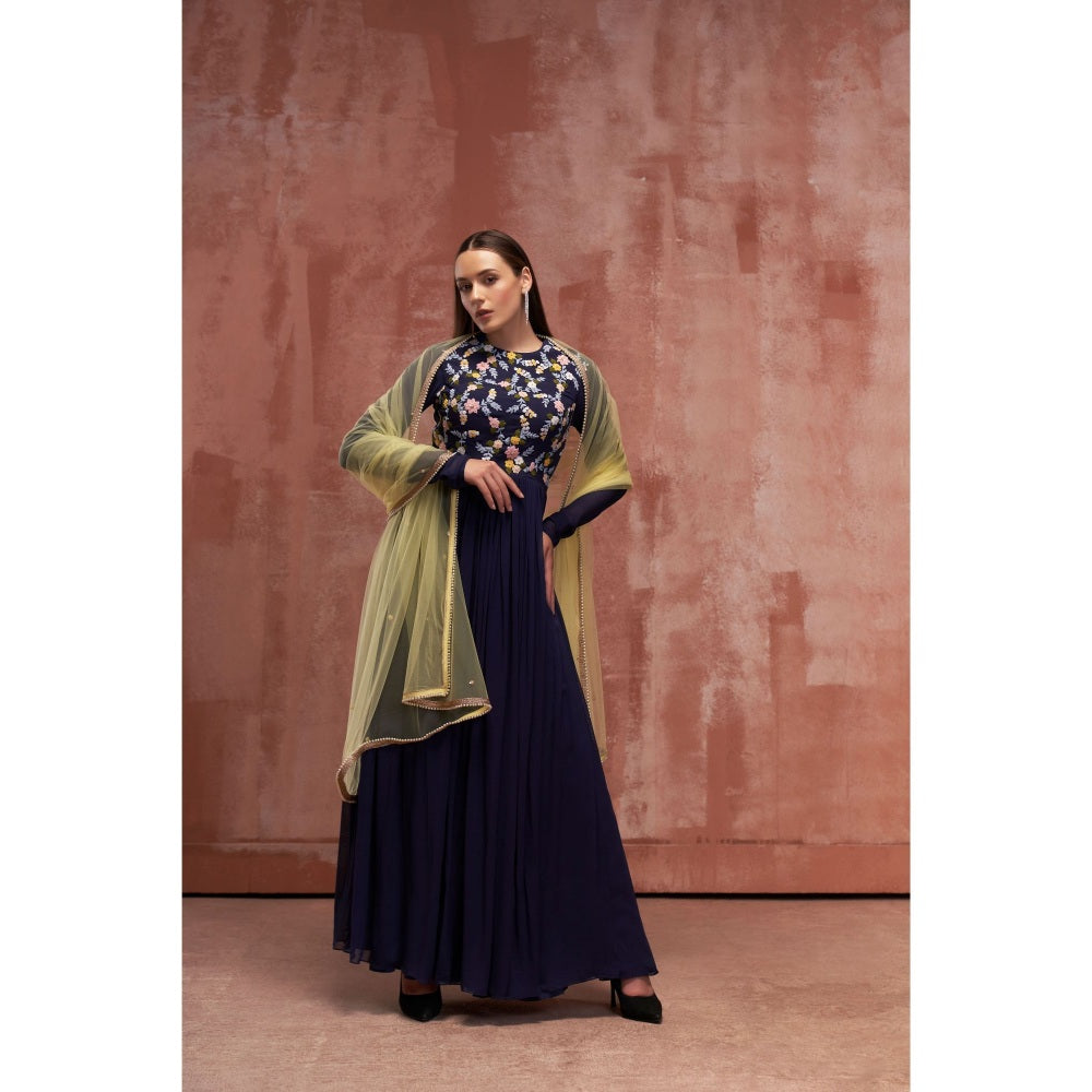 Suruchi Parakh Womens Navy Blue Embroidered Anarkali Kurta and Dupatta (Set of 2)