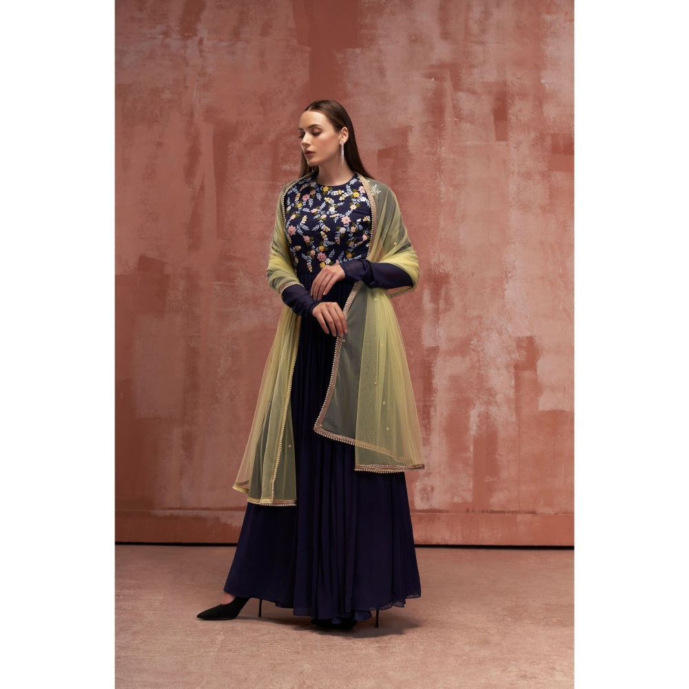Suruchi Parakh Womens Navy Blue Embroidered Anarkali Kurta and Dupatta (Set of 2)
