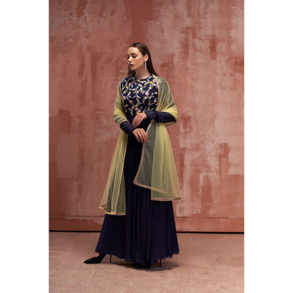 Suruchi Parakh Womens Navy Blue Embroidered Anarkali Kurta and Dupatta (Set of 2)