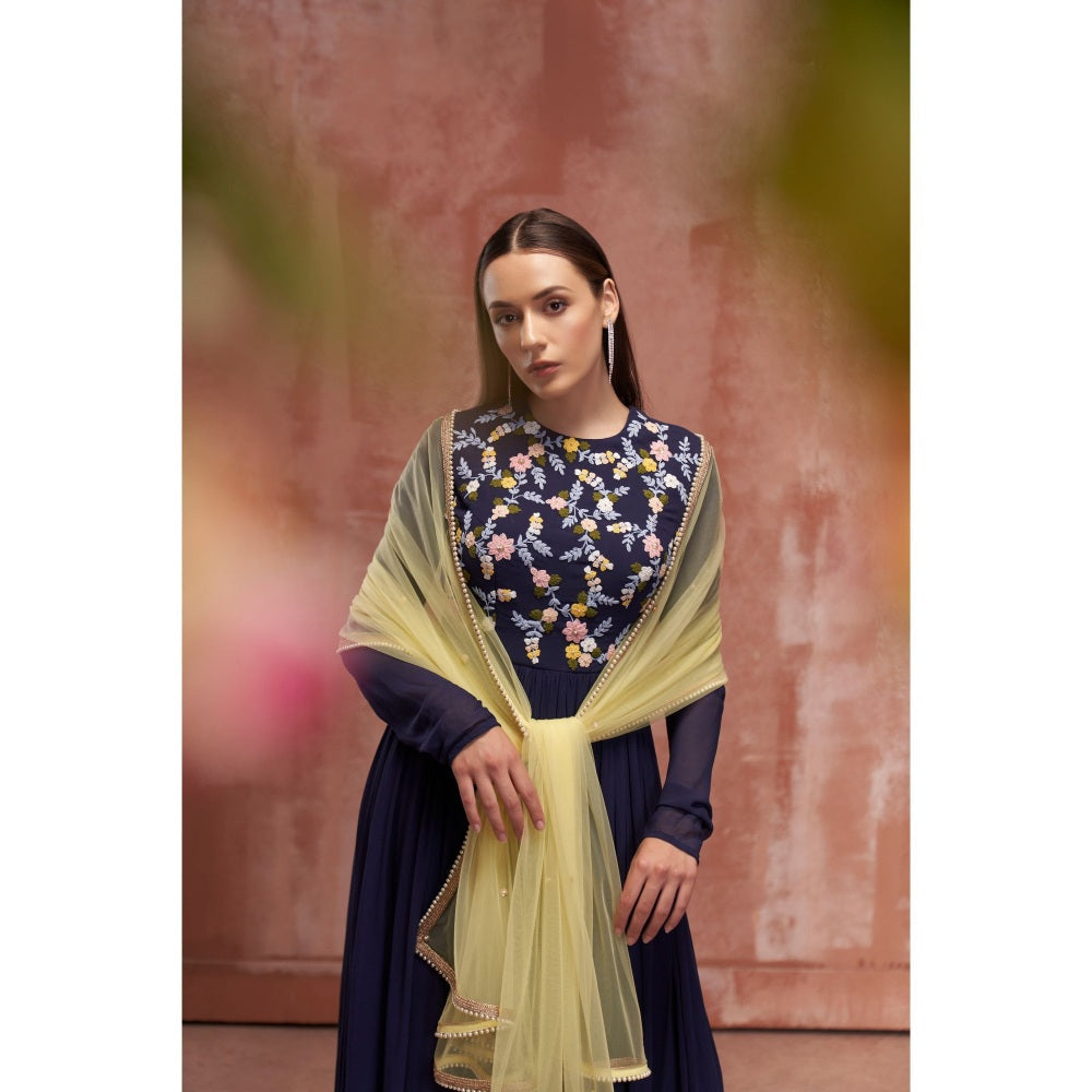 Suruchi Parakh Womens Navy Blue Embroidered Anarkali Kurta and Dupatta (Set of 2)