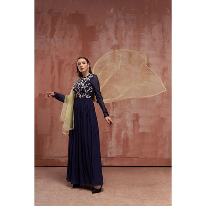 Suruchi Parakh Womens Navy Blue Embroidered Anarkali Kurta and Dupatta (Set of 2)