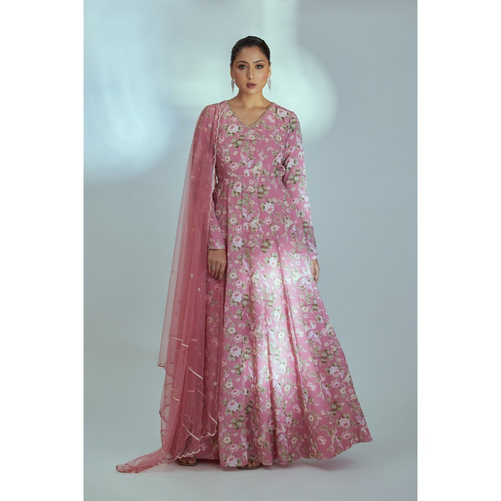 Suruchi Parakh Womens Pink Floral Print Anarkali Kurta and Dupatta (Set of 2)