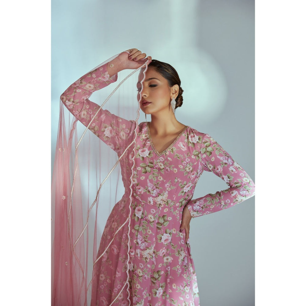 Suruchi Parakh Womens Pink Floral Print Anarkali Kurta and Dupatta (Set of 2)
