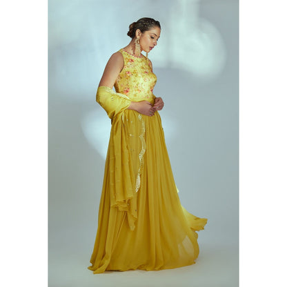 Suruchi Parakh Womens Yellow Floral Print Anarkali Kurta with Dupatta (Set of 2)