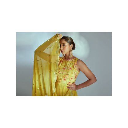 Suruchi Parakh Womens Yellow Floral Print Anarkali Kurta with Dupatta (Set of 2)