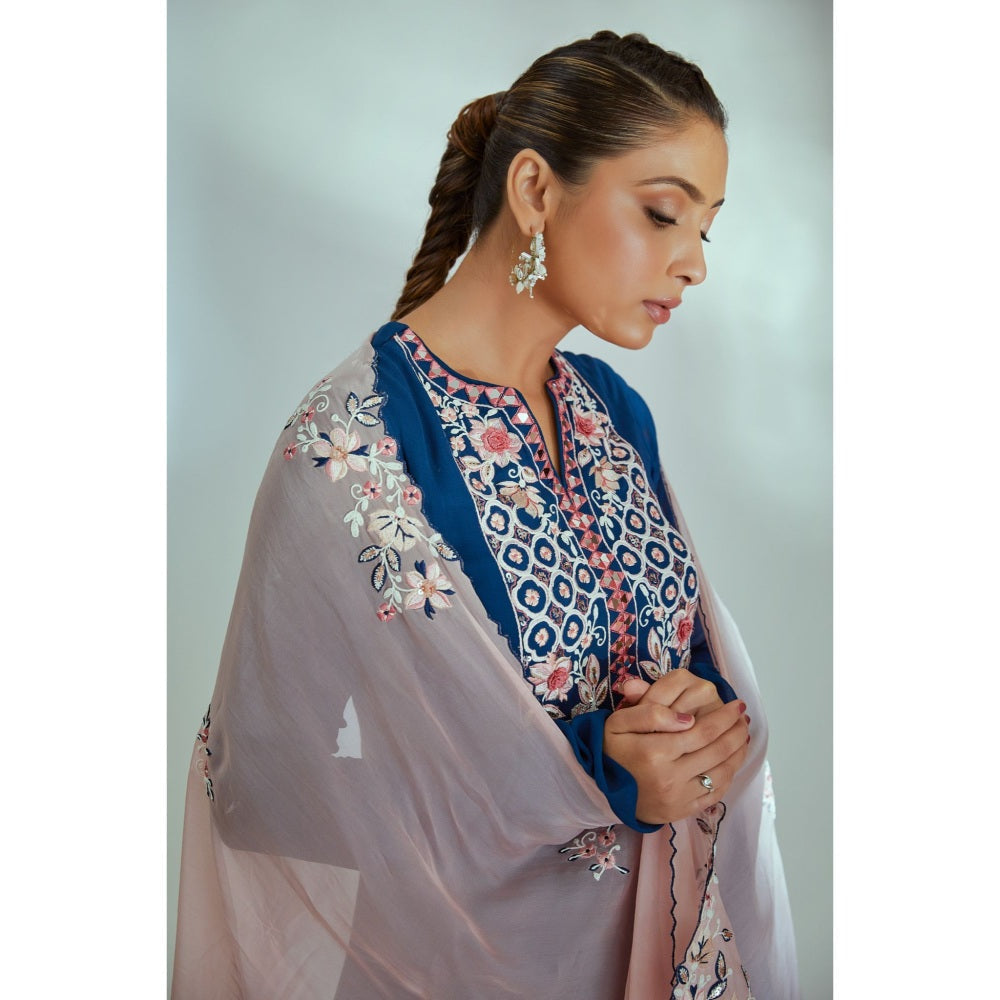 Suruchi Parakh Womens Blue Embroidered Kurta with Pant and Dupatta (Set of 3)