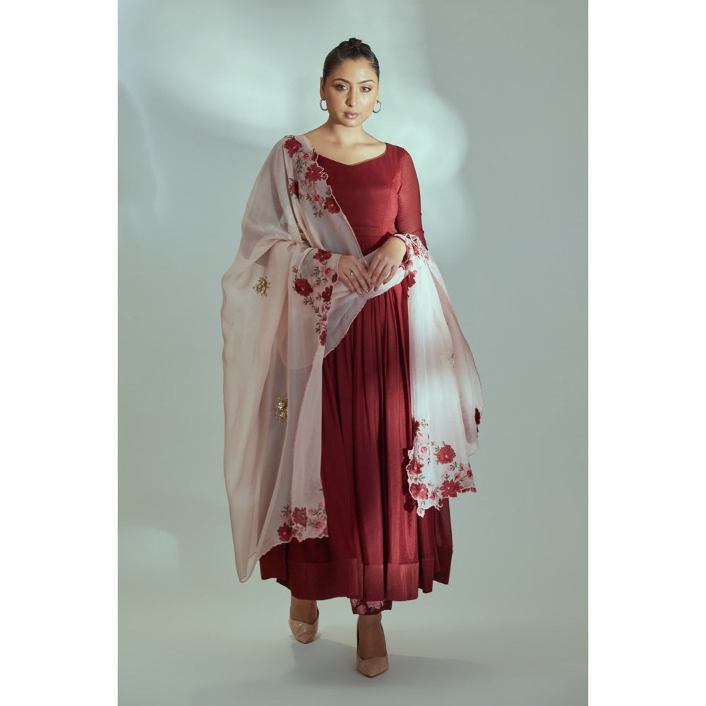 Suruchi Parakh Womens Maroon Solid Anarkali Kurta with Dupatta (Set of 2)