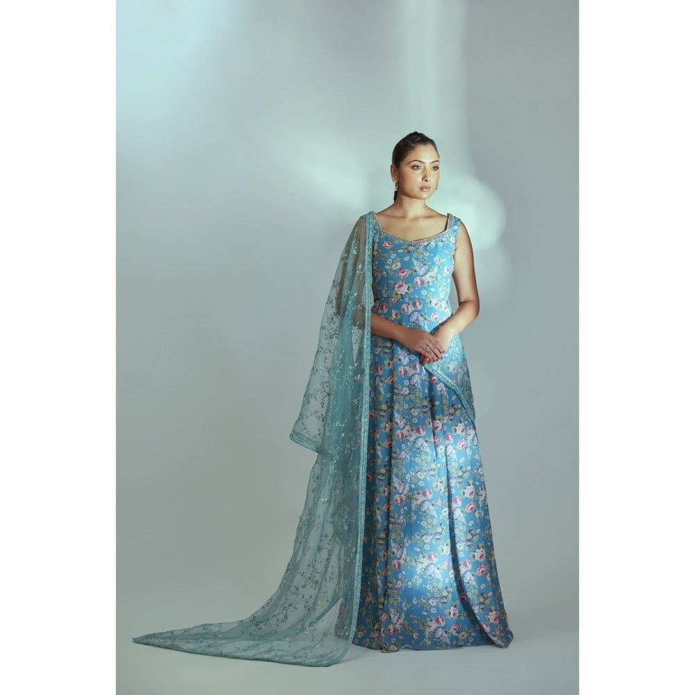 Suruchi Parakh Womens Blue Floral Print Anarkali Kurta with Dupatta (Set of 2)