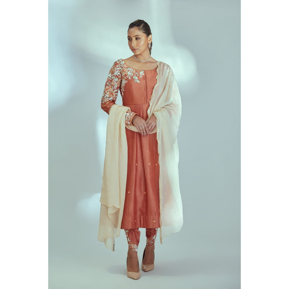 Suruchi Parakh Womens Rust Embellished Anarkali Kurta with Pant and Dupatta (Set of 3)