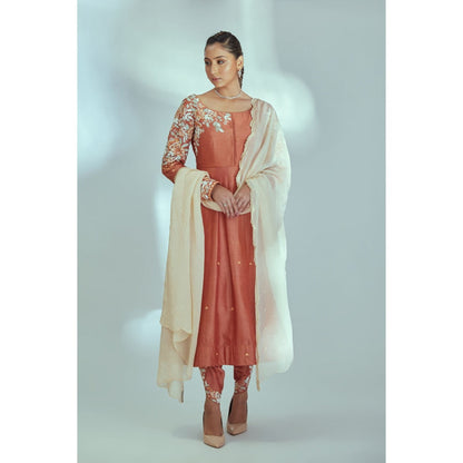 Suruchi Parakh Womens Rust Embellished Anarkali Kurta with Pant and Dupatta (Set of 3)