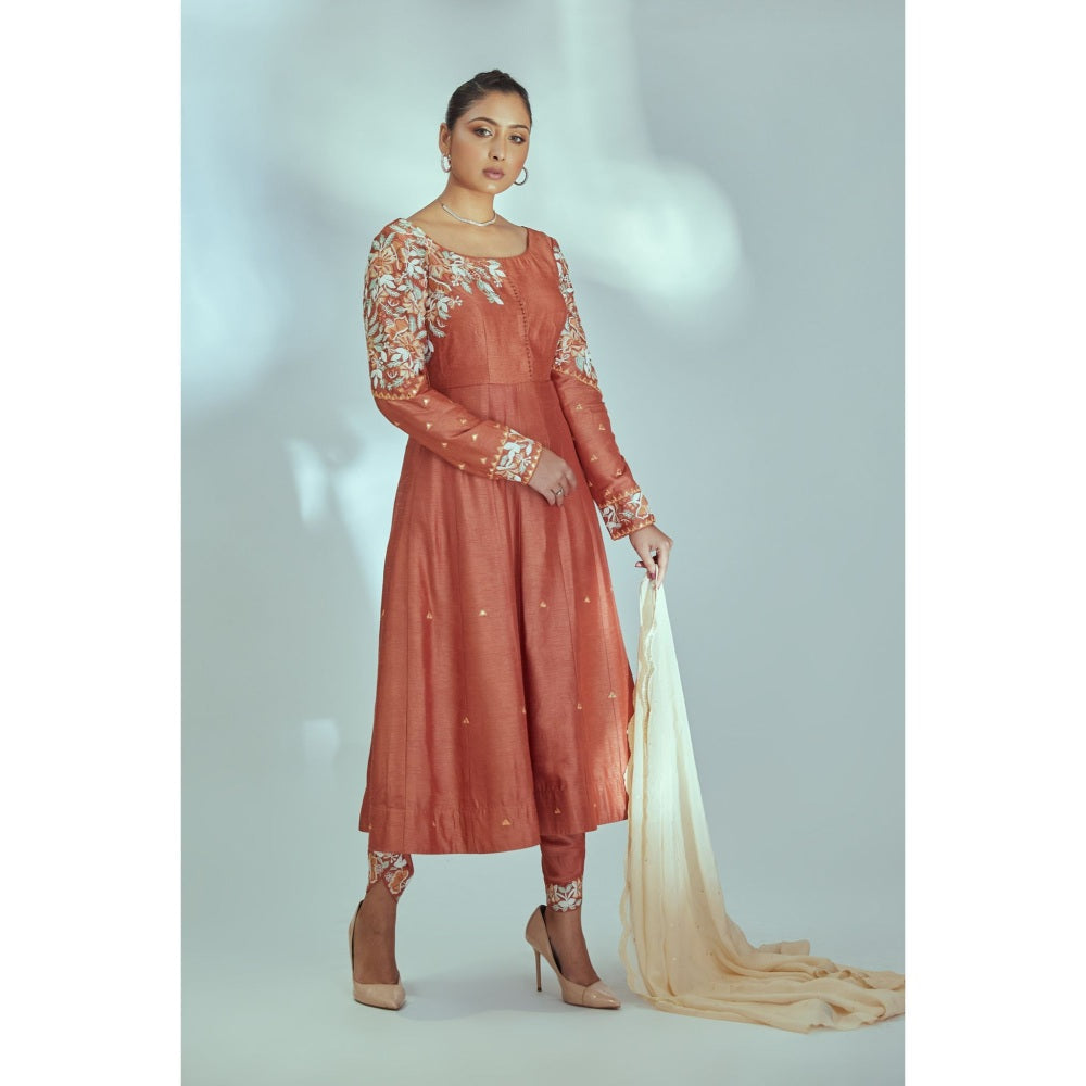 Suruchi Parakh Womens Rust Embellished Anarkali Kurta with Pant and Dupatta (Set of 3)