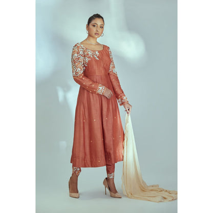 Suruchi Parakh Womens Rust Embellished Anarkali Kurta with Pant and Dupatta (Set of 3)