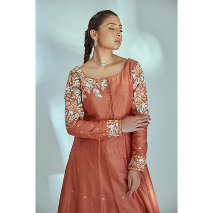 Suruchi Parakh Womens Rust Embellished Anarkali Kurta with Pant and Dupatta (Set of 3)