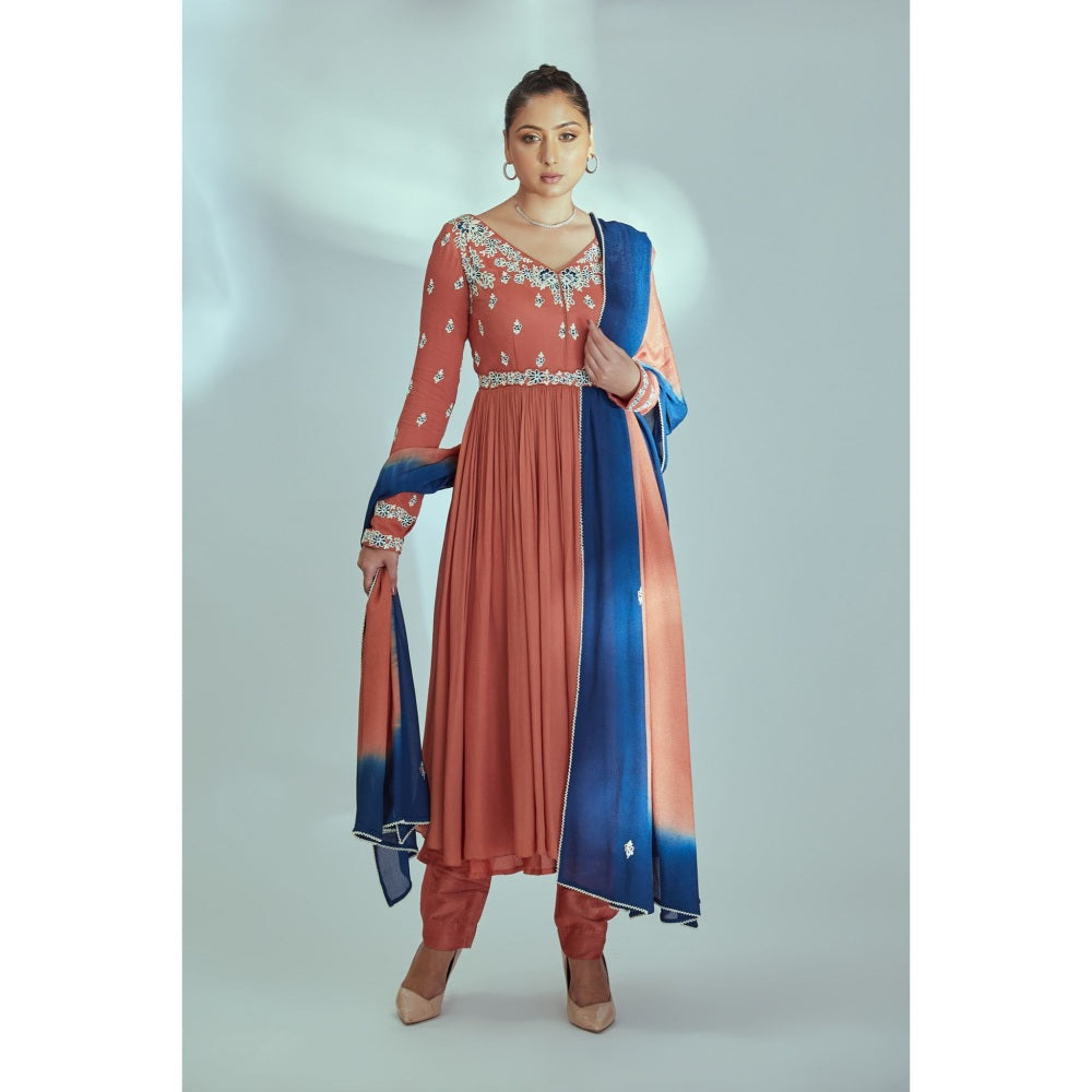 Suruchi Parakh Womens Rust Embroidered Anarkali Kurta with Pant and Dupatta (Set of 3)