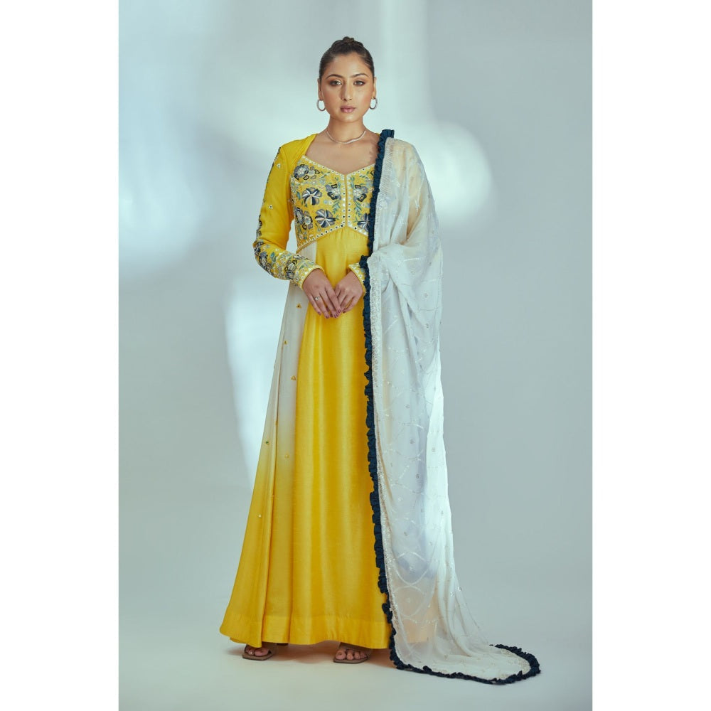 Suruchi Parakh Womens Yellow Embroidered Anarkali Kurta and Dupatta (Set of 2)