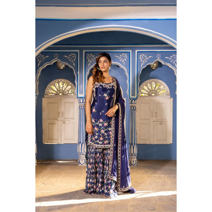 Suruchi Parakh Womens Navy Blue Embroidered Kurta with Sharara and Dupatta (Set of 3)