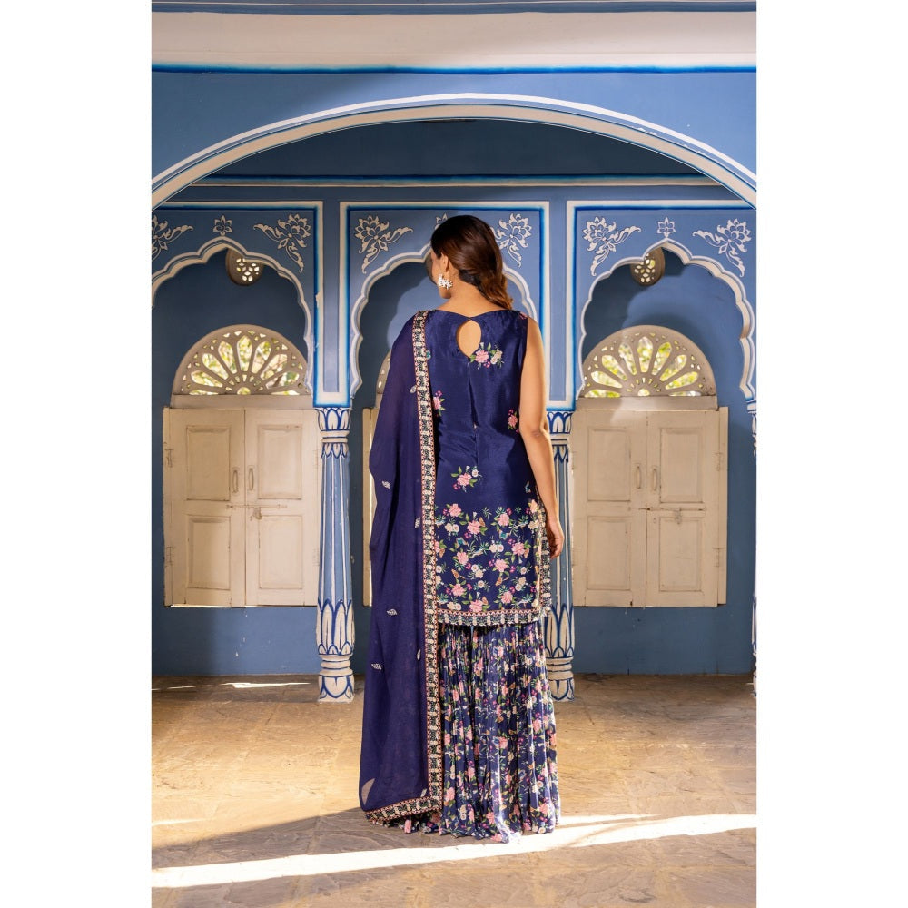 Suruchi Parakh Womens Navy Blue Embroidered Kurta with Sharara and Dupatta (Set of 3)