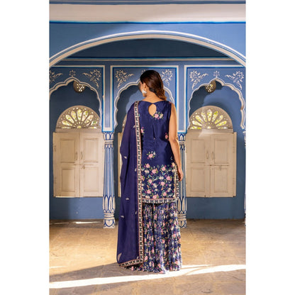 Suruchi Parakh Womens Navy Blue Embroidered Kurta with Sharara and Dupatta (Set of 3)