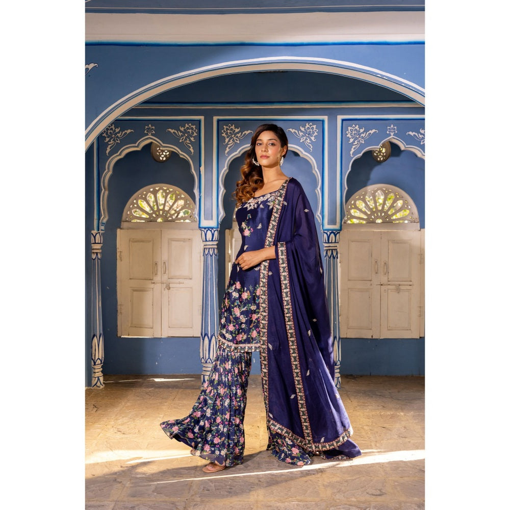 Suruchi Parakh Womens Navy Blue Embroidered Kurta with Sharara and Dupatta (Set of 3)