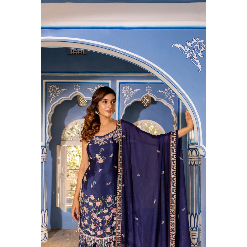 Suruchi Parakh Womens Navy Blue Embroidered Kurta with Sharara and Dupatta (Set of 3)