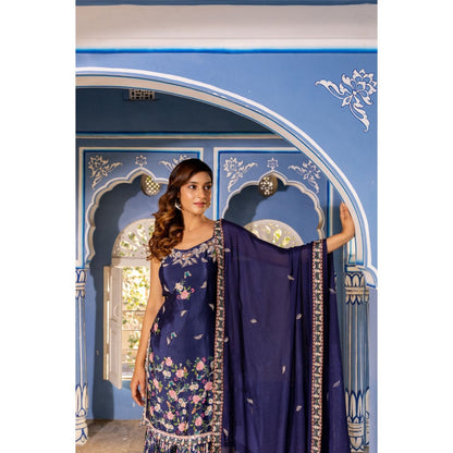 Suruchi Parakh Womens Navy Blue Embroidered Kurta with Sharara and Dupatta (Set of 3)