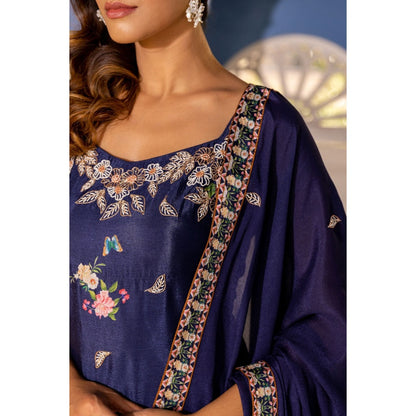 Suruchi Parakh Womens Navy Blue Embroidered Kurta with Sharara and Dupatta (Set of 3)